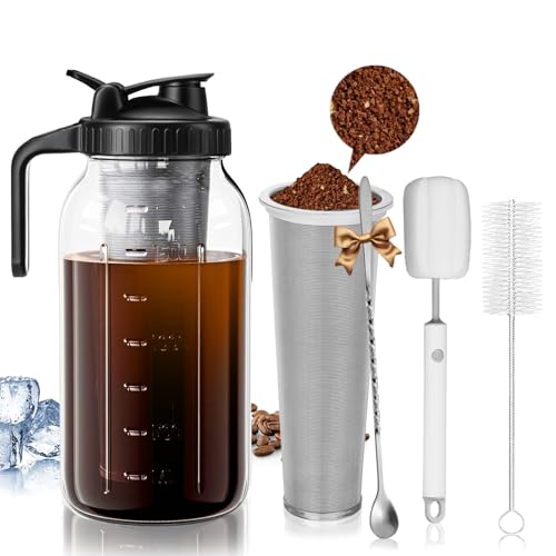 Cafultgo Cold Brew Kaffeemaschine Jar 64oz Cold Brew Kaffeemaschine mit Filter - Dicke Glaspitcher, Geschirrspüler sicher für Eiskaffee, Tee & Säurearmes Brauen (schwarz)