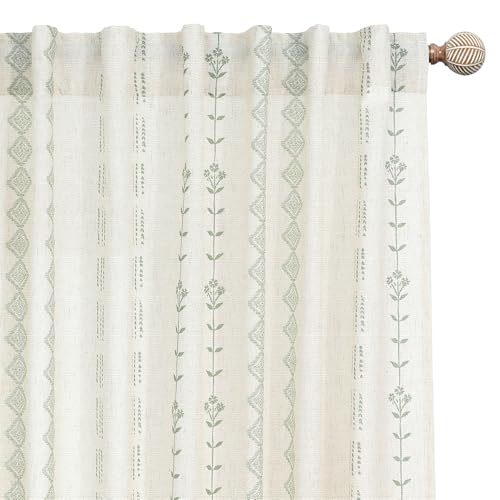 Image of Lino Rosa Sage Green French Country Farmhouse Curtains for Living Room,Floral Pattern Vintage Boho Whimsical Botanical Printed Cottage Core Curtains for Bedroom 84 Inches Long