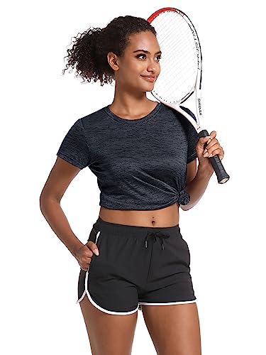 Magcomsen Womens Short Sleeve Running Shirts Crewneck Activewear Athletic Sports Tops For Tennis Badminton Yoga Black, S #TOP3
