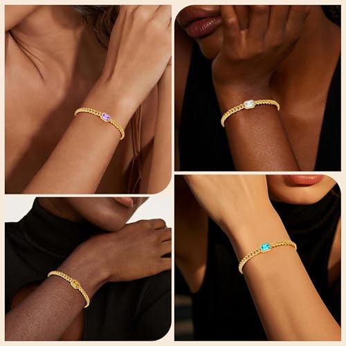 Punhem Gold Bracelets for Women，14K Gold Plated Dainty Birthstone Bracelet Non Tarnish Trendy Stackable Blue Green May Emerald Friendship Bracelets with Extension Gifts for Best Friend — view 3