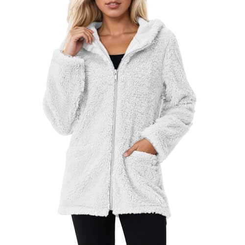Chaqueta de peluche para mujer, con cremallera, forro polar, con bolsillo, sudadera con capucha, chaqueta de invierno Sherpa, chaqueta suave de forro polar de peluche, cómoda e informal, Blanco, S