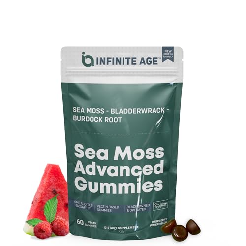 INFINITE AGE: Sea Moss Advanced Gummies, 60 Count - Delicious, Vegan, Made in USA - Irish Seamoss, Bladderwrack, Burdock Root - Overall Health, Immunity Support, Sea Moss Gummies for Women and Men