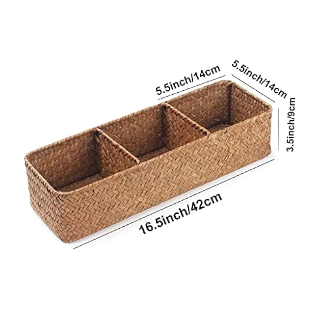 Seagrass Tank Basket for Toilet Paper 3 Sections Woven Storage Basket with Large Compartment Natural (16.5inch x 5.5inch x 3.5inch)