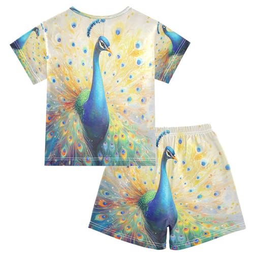 ALAZA Beautiful Color Feather Peacock Pajamas Set Short Sleeve Cotton Sleepwear Summer Pjs 2 Piece 5-14Y2