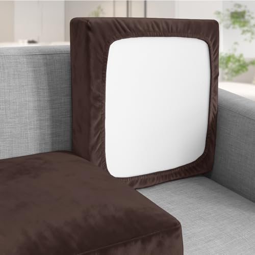 Teynewer Sofa Seat Cushion Cover, Sofa Cushion Slipcovers Stretch Velvet, Universal Non-Slip Couch Cushion Covers Replacement for Individual Cushion with Elastic Bottom (2 Seater, Chocolate)