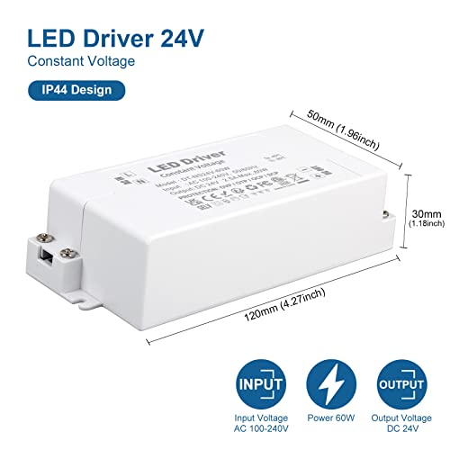 VARICART 24V LED Driver 60W Power Supply 2.5A, AC 240 to 24 Volt DC Transformer, Constant Voltage Switching PSU Adaptor for Light Strip MR11 GU5.3 Bulbs