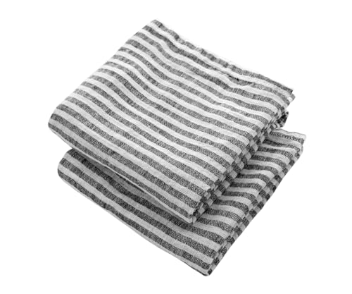 Black Linen Towels, 100% Linen Kitchen Towel Set of 2 - Striped Hand Towel, Tea French Kitchen - Absorbent Farmhouse Dish Towels for Kitchen, Black 18x28