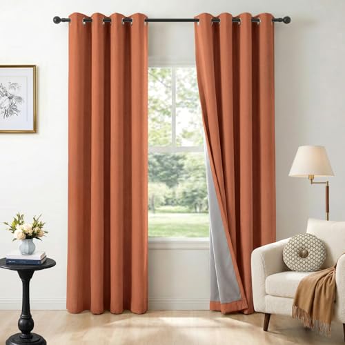 Image of 100% Blackout Shield Linen Textured Total Blackout Curtains for Bedroom 84 Inches Long, Orange Grommet Curtains for Living Room, Thermal Insulated Room Darkening Drapes, 50 inch W x 84 inch L, 2 Panels