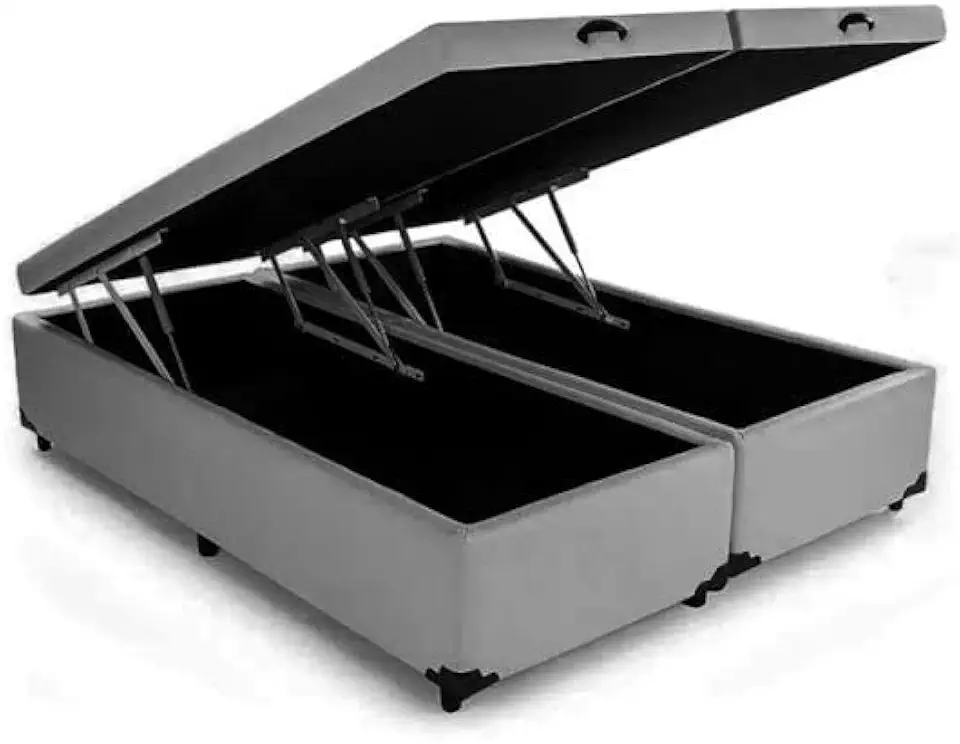 Cama Box Baú King Size Sintético Corino Cinza Pistão a gás Bipartido Blindado - 193x203 Real Comfort