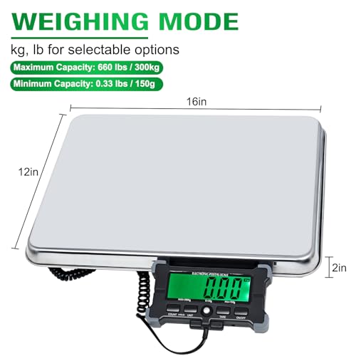 NORJIN Postal Scales 660lbs Shipping Scale, 16"X 12" Large Platform Scale, Heavy Duty Industrial Scale for Package, Battery Not Included
