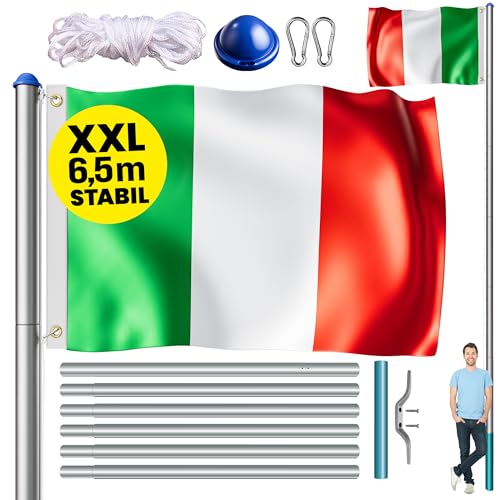 MONZANA® Set Montaggio Bandiera con Asta in Alluminio 6,5 m Incl. Fune Moschettone Gancio per Messa a Terra Regolabile in Altezza