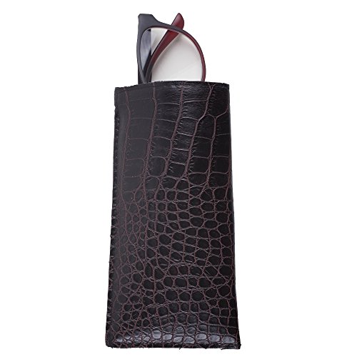 OptiPlix Slip In Glasses Case Sleeve with Pocket Clip – Compact, Lightweight Holder Protects Eyeglasses and Eyewear from Scratches and Damage - Brown Crocodile Print Design