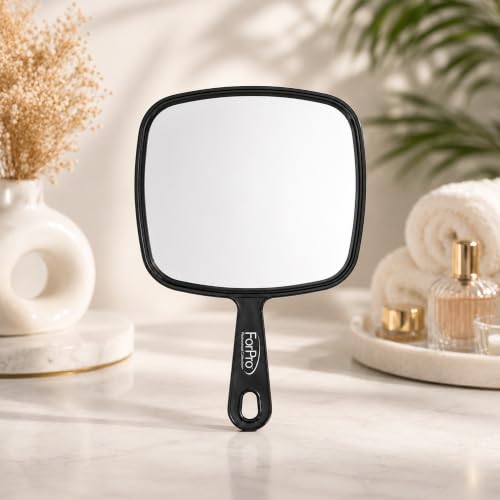 Image of ForPro Professional Collection Extra Large Hand Mirror with Handle, 9 inch W x 12 inch L, Multi-Purpose Handheld Mirror with Distortion-Free Reflection, Black