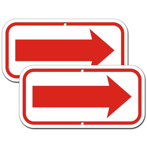 (2 Pack) Red Arrow Signs, 12” x 6” Rust Free Aluminum Reflective Signs, This Way Directions Arrow Sign, UV Protected, Fade Resistant, Weatherproof, Easy to Mount