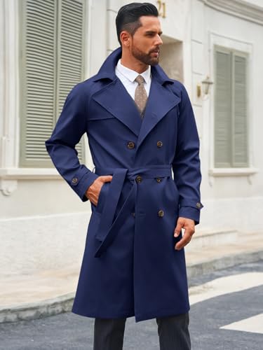 Image of Runcati Mens Trench Coat Double Breasted Notched Lapel Casual Belted Windbreaker Fall Classic Long Jacket Overcoat