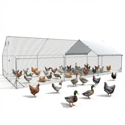 Large Chicken Coop Metal Chicken Runs for Yard 20x10x6.5 ft Chicken Coop with Cover Gallinero para Gallinas Heavy Duty Chicken Cage Rabbit Duck Quail Coop Lockable Door with Waterproof Anti-UV Cover