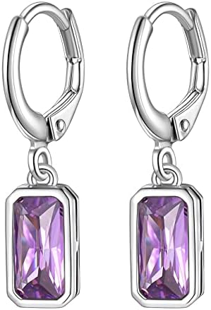 Suplight 925 Sterling Silver Emerald Cut Birthstone Hoop Dangle Earrings, Cubic Zirconia Crystal Drop Earrings for Women Girls (with Gift Box)