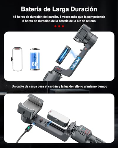 KOSCHEAL A10 Estabilizador para Smartphones,2-Axis Estabilizador de Movil con Luz de Relleno y Trípode con Mando Inalámbrico Rotación Automática de 360°Modo de Escena, No App, para videoblogs y TikTok - imagen 7