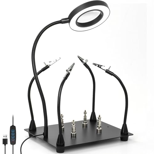 Magnetic Helping Hand, Upgrade Soldering Helping Hands with 3X LED Magnifying Lamp, Metal Circuit Board Holder, 4 Flexible Metal Arms Heavy Duty Base Electronic Repair Tool for Soldering & Jewelry