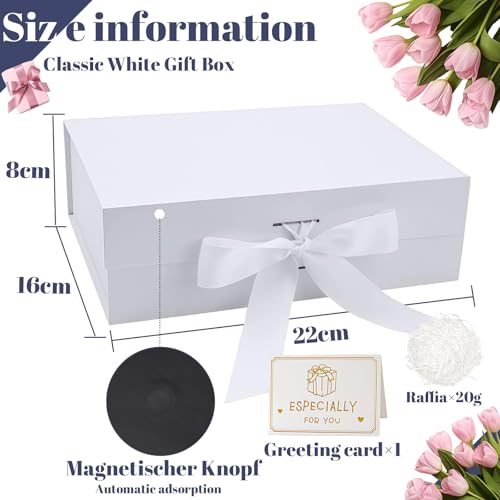 Weiß Geschenkbox mit 22x16x8.8cm,Papier& Grußkarte Party Favor Box Luxus Geschenkbox mit Magnetdeckel und Geschenkband für Feiertage Hochzeit Geburtstag Geschenkverpackung Muttertag