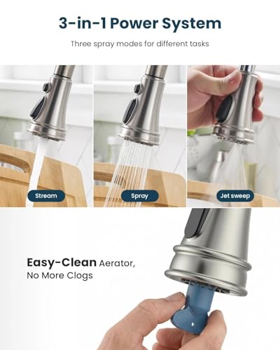 APPASO 3 Hole Kitchen Faucet with Pull Down Sprayer Brushed Nickel, 3 Pieces Kitchen Faucet with Soap Dispenser and Separate Side Handle, Stainless Steel, High Arc Sink Faucets for 2-3 Hole Sink - Thumbnail 5