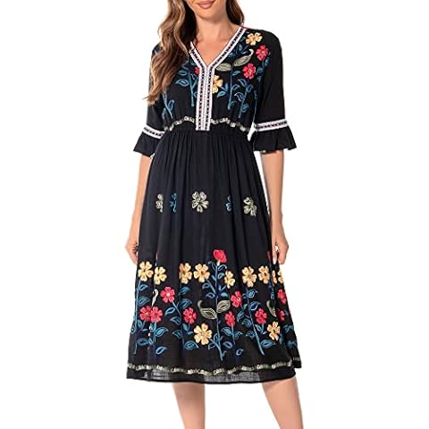 Shineflow Women's Short Sleeve Mexican Embroidered Floral Pleated Midi A-line Cocktail Dress(Black,M) Cover