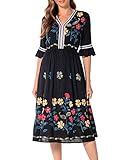 Shineflow Women's Short Sleeve Mexican Embroidered Floral Pleated Midi A-line Cocktail Dress(Black,M)