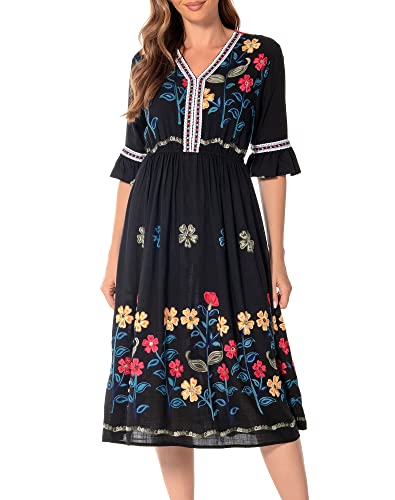 ワンピース Triacetate Floral Embroidery Dress Amazon.com: Shineflow Women's Short Sleeve Mexican
