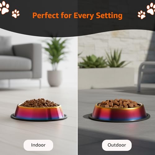Image of Amazon Basics Stainless Steel Pet Feeding Bowls for Dog & Cats | Anti Slip Base | Set of 2 | 700 ml Each | Rainbow Color