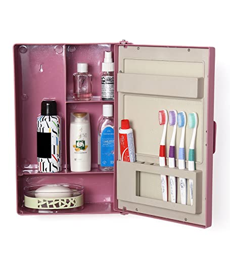 Image of Zoom Happy Bathroom Glossy Finish Plastic Mirror Cabinet Storage Chest /Shelves (Magenta)
