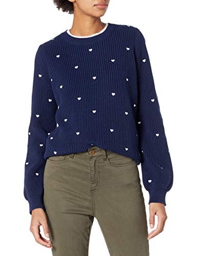 Lucky Brand Women's Embroidered Heart Crew Neck Sweater, American Navy, Medium