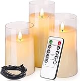 Glass Flameless Candles, Rechargeable Battery Operated Candles with 10-Key Remote Control, Flickerin
