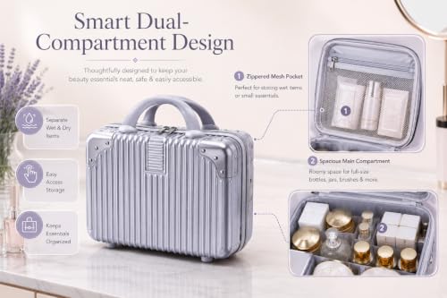 Image of BLUE BEADS Travel Makeup Case with Lock & Luggage Strap, ABS Hard Shell Cosmetic Vanity Case, Portable Makeup Organizer for Women, Beauty Storage Box for Makeup & Toiletries (Silver, Model 3)