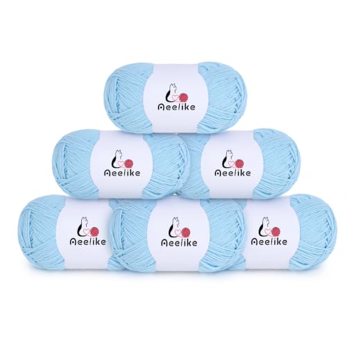 Image of Aeelike Size 3 DK Light Blue Cotton Blend Yarn for Crocheting, 6-Skein | Each Skein 100g, Stripe Layouts, 5-Ply Stitch Control, 1440 Yds Total, Calm Decor Projects, Machine Washable