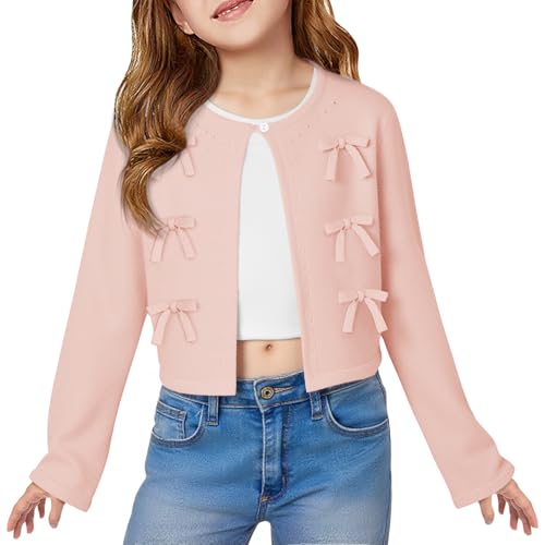 Haloumoning Girls Cropped Cardigan Sweater Kids Cute Bow Long Sleeve Knitted Sweaters Tops 5-14 Years