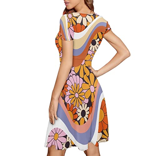 Image of POLERO Women Puffy Swing Elegant Party Midi Dresses Short Sleeve Round Neck A-Line Dress