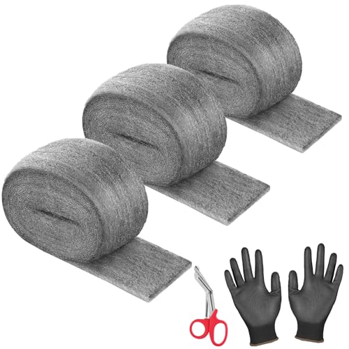 Foxtune Lana de alambre, paquete de 3 bloques de ratones de lana de acero con guantes y tijeras, relleno de agujeros de pared 0000 ratones de lana de alambre fino para limpieza, pulido de metal