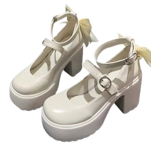 [Jan étoile] 厚底太ヒール バックリボン パンプス レディース ベルト 地雷系 量産型 靴 ロリータ 可愛い かわいい おしゃれ オシャレ 厚底 (ホワイト, 日本の靴のサイズ寸法, 大人, 数値, 24.0 cm)