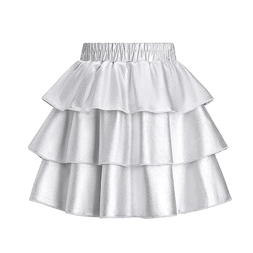 Sugaretty Girls Silver Metallic Skirts Sparkly Shiny Layer Ruffle Skirt Party Outfits, Size 7 #TOP6