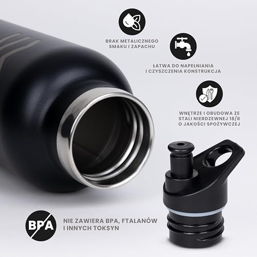 Czarna Metalowa Butelka na Wodę 750 ml - HUIIKE | Izolowana Butelka z Rurką I 3 Nakrętkami | Stal Nierdzewna, bez BPA | Utrzymuje 12 h Ciepła I 24 h Chłodu, Szczelna I Wielokrotnego Użytku