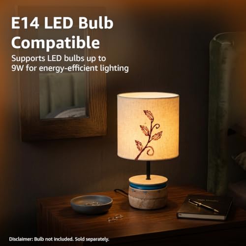 Image of Amazon Basics Kashida Floral Table Lamp | Wooden Base with Embroidered Floral Fabric Shade | E14 Holder | Decorative Night Lamp for Bedroom, Living Room & Study Room | Home Decor Gift