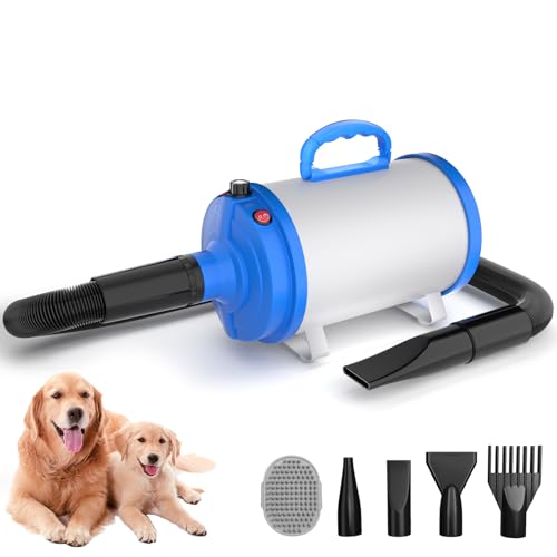 Blanlody Soffiatore per Cani Blower Molto Silenzioso, 4,5 CV/3200 W, Velocità Regolabile, Ventilatore per la Cura del Cane con 4 Diversi Ugelli, Tubo Elastico e Spazzola per la Cura
