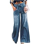 Ladyful Womens Casual High Waisted Wide Leg Denim Pant Trouser Jeans with Belt