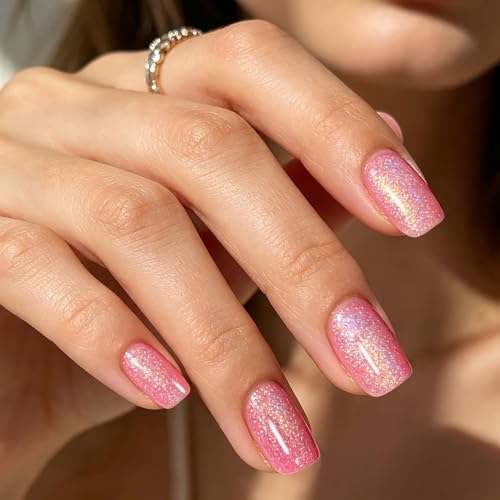GLAMERMAID Laser Hot Pink Short Press on Nails, Aurora Cat Eyes Handmade Extra Short Squoval Glue on Nails for Women, Summer Square Soft Gel Fake Nails, Round Reusable Acrylic False Nail Kit for Women — view 6