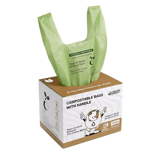 UFCOELPT 1.6 Gallon Compostable Food Scrap Bags with Handles Small Biodegradable Countertop Bin Liners Compost Bags for Kitchen 55 Pack(10% Extra) 6 Liter Seeding Industrial Compost Certified