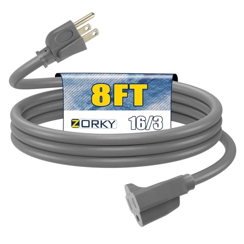 Image of 8ft Outdoor Extension Cord for Christmas Decorations- 16 /3 Heavy Duty SJTW Waterproof Gray Electrical Cable with 3 Prong Grounded Plug for Safety, Great for Lawn and Major Appliances