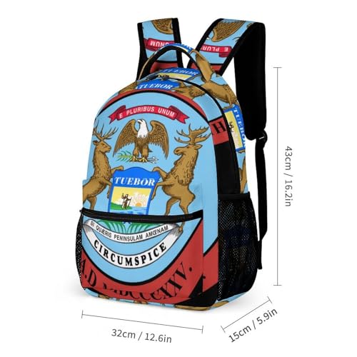 Seal of Michigan 3 Pcs Backpacks Set Combination 16“ Travel Backpack Portable Lunch Bag Pencil Case for Unisex2