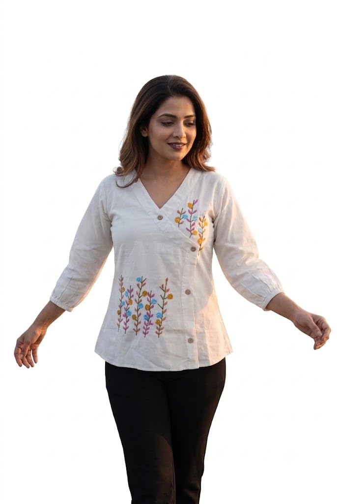 Women's Organic Cotton Embroidered Top | Off White Floral Embroidered Casual Tunic | Soft Breathable Summer Cotton TOP-picture-42