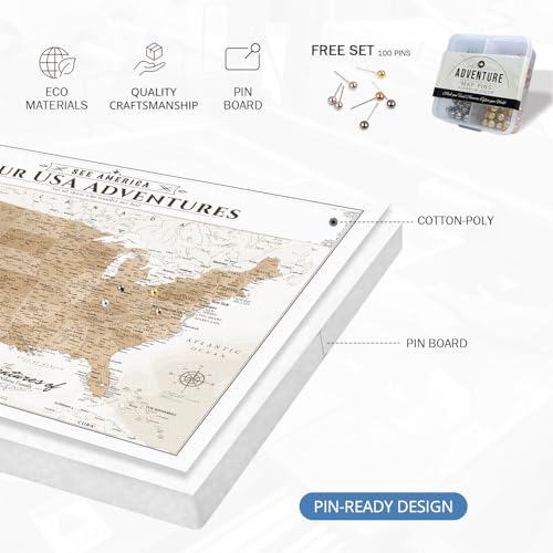Image of IPIC - Custom Canvas USA Map for Wall Decor, Push Pin Board Decor to Mark Travels, Personalized Artwork with Names and Message on, Large USA Travel Map Print for Home, Office, Study, and RV