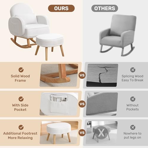 Image of Rocking Chair Nursery with Ottoman, Upholstered Glider Rocker with High Backrest and Side Pocket, Rocking Accent Armchair with Solid Wood Legs for Nursery /Living Room /Bedroom White